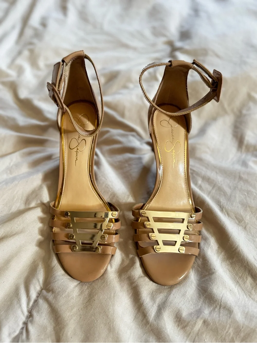 Jessica Simpson Nude/Tan Strappy Ankle-Heel Sandals with Gold Plate